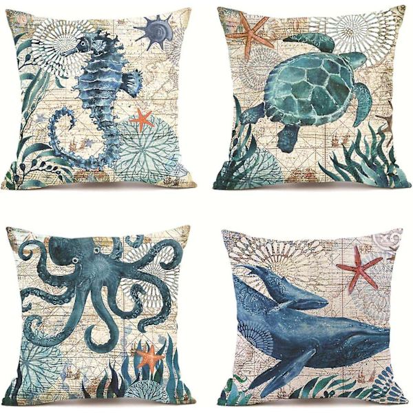 4 st Polyester Linne Kuddfodral med Havsdjurstryck 45x45cm