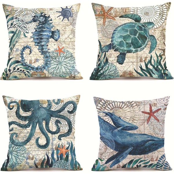 4pcs Polyester Linen Sea Animal Print Pillowcase 45x45cm