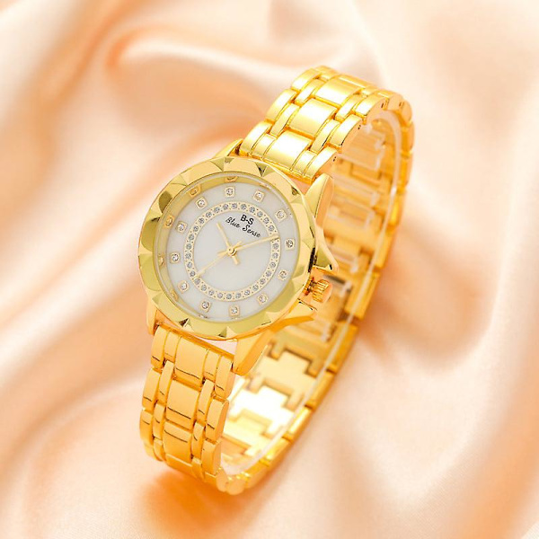 Trendy Stålklokke Enkelt Dame Temperament Gullklokke Rundt Urverk Fullt Diamant Kvartsklokke Gold and silver color
