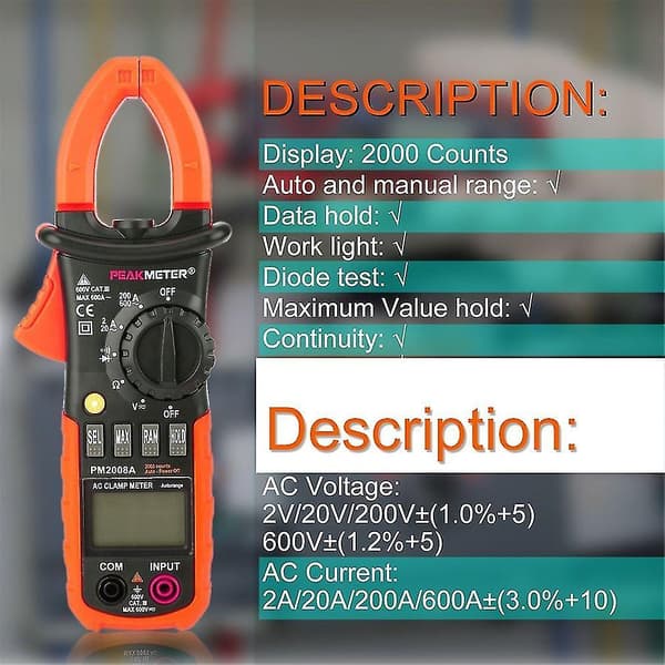 Digital klypetangmåler DC AC Volt AC Amp Ohm Tester MS2008A 2000 Tellinger