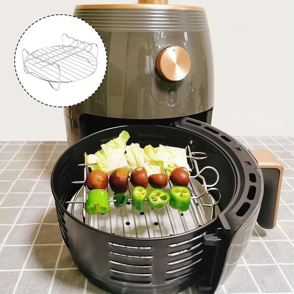 Dobbeltlags grillrist i rustfrit stål med 3 spyd tilbehørshylde til airfryer