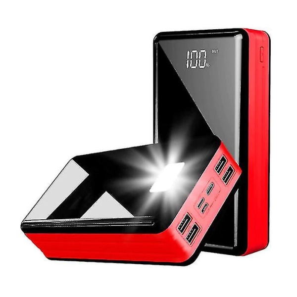 30000mah Powerbank med 4 Porte - Indbygget Lommelygte - Ekstern Nødstrømsbatteri Batterilader Charger1pcs-sort rød