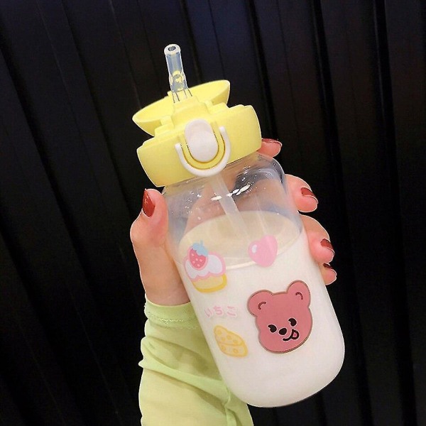 Kawaii Bjørn glass vannflaske tegneserie halmkopp gul