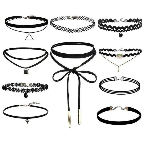 10 stycken chokerhalsband svart klassisk sammet stretch gotisk tatuering halsband