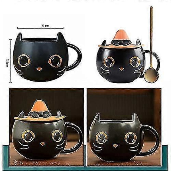 Svart Kattkopp med Heksehattlokk, Håndtak og Gullskje, Søt Unik Keramikk Kaffekopp for Hjemmet og Kontoret