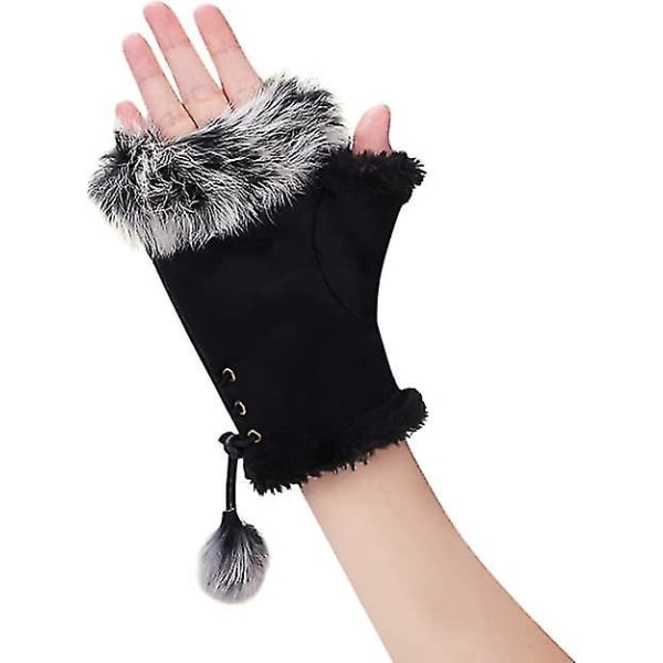 Kvinders vinter imiteret pels læder halvfinger handsker mode varme  fingerløse vanter Fleeceforede varmere håndledshandsker Touchscreen Tykke  vanter med annonce f155 | Fyndiq