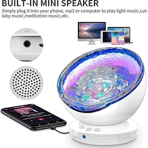 LED-projektorlampe, nattlys for barn med havbølger, fjernkontroll, timer, 8 fargemoduser, 6 musikklyder