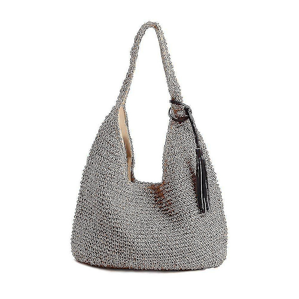 Handvävd Mjuk Stor Halm Axelväska Med Svarta Trassel Boho Halmhandtag Tote Retro Sommar