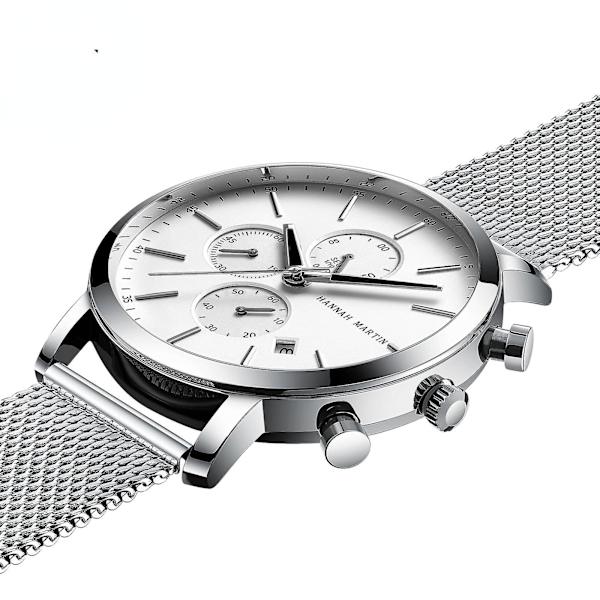 Forretnings Casual Kalender Herre Ur Sort Rustfrit Stål Mesh Rem Vandafvisende Kvarts Ur White silver