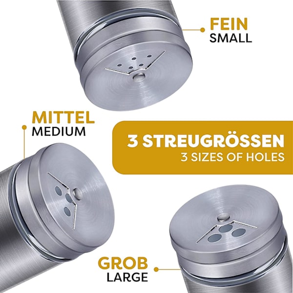 Krydderiboks - 12 Sølv Rustfrit Stål Krydderibokse Af 90ml - Med Glasvisning Og 3 Drysningstilstande