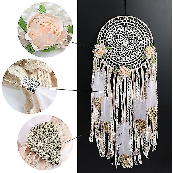 Stor Drømmfang Boho Guld Glitter Fjerer Pink