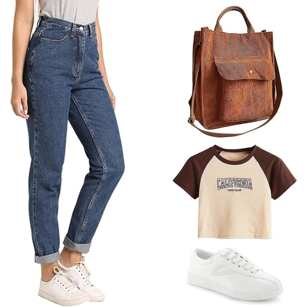 Corduroy Tote Bag med lynlås. Stor kapacitet Corduroy skulder shopping tote