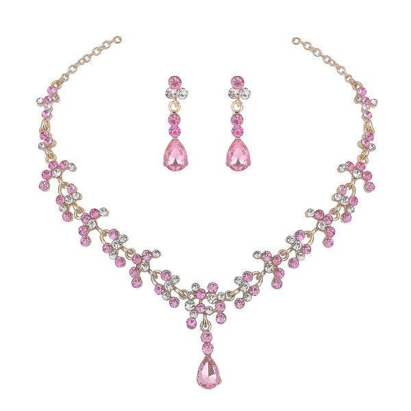 Halsband örhängen violett kristall vatten-dropp stil bröllop bröllop smycken set Pink