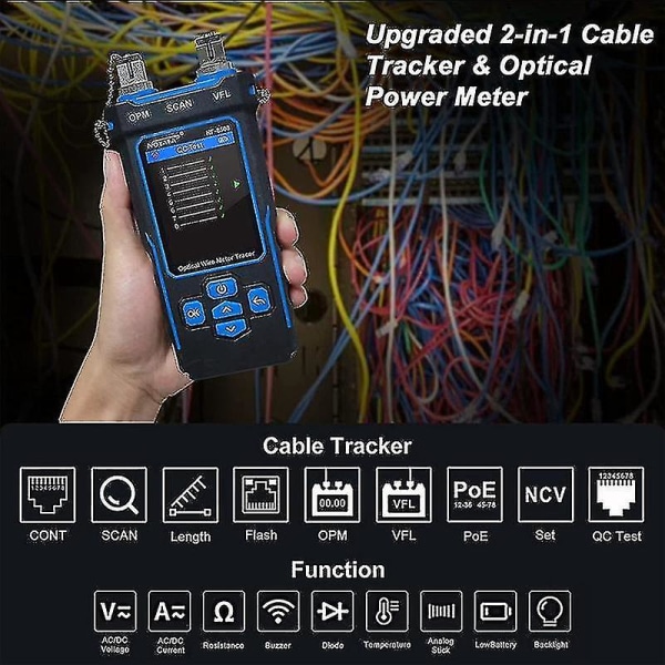 Nettverkskabeltester med optisk effektmeter LCD-skjerm PoE, RJ11 RJ45 ledningskabelspor for Telep-yuhao