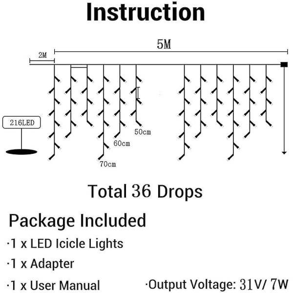 Christmas Icicle Lights Outdoor 5m 216led 36 Drooping 8 Modes