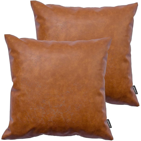 Pudebetræk i Kunstlæder, 18 x 18 Tommer Sæt af 2 Tyk Cognac Brun Moderne Solid Dekorativ Kvadratisk Soveværelse Stue Pudebetræk til Sofa