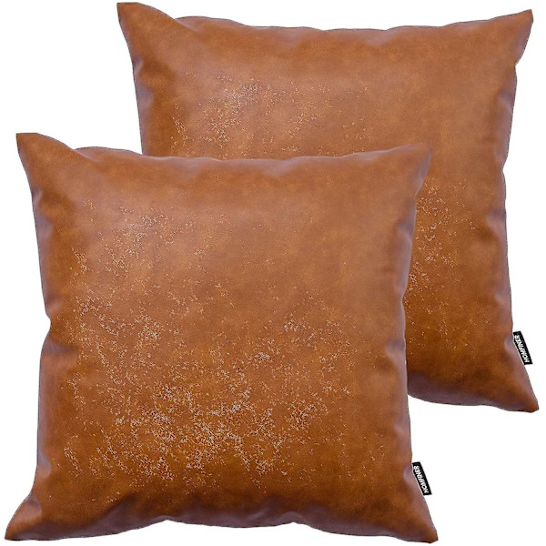 Putetrekk i Kunstlær, 18 x 18 Tommer Sett med 2 Tykke Cognac Brun Moderne Solide Dekorative Kvadratiske Putetrekk for Sofa