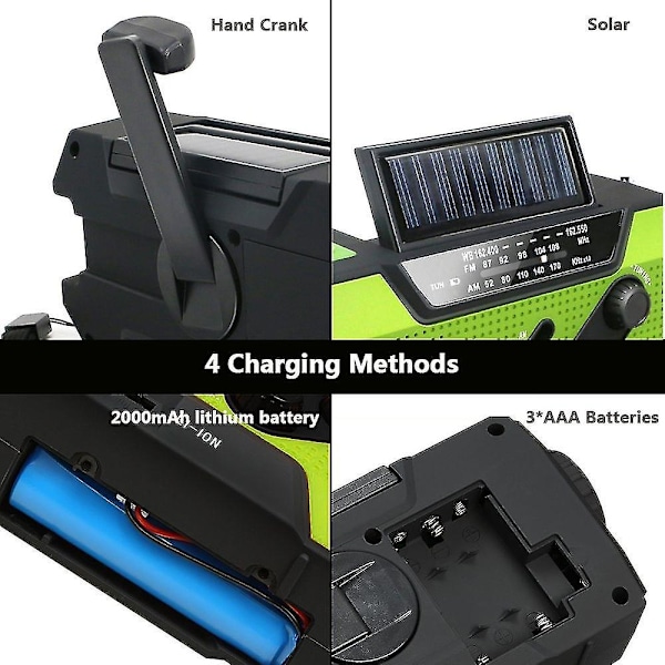 4000mAh Powerbank Multifunktionell Bärbar Radio FM AMWB Handvev Sol Dynamoficklampa SOS Nödväderradiomottagare Green