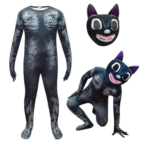 Creepy Cat Costume Bodysuit Jumpsuit Hodeplagg Sett Kids Fancy Up Outfits 8-9 Years