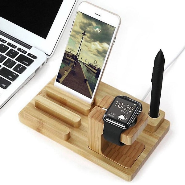 Bamboo Wood Ladestasjon 4USB Stativ Telefon Apple Watch