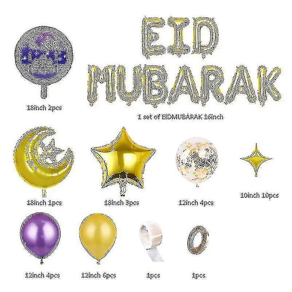 Ramadan Eid Ballongsett - Eid Mubarak Islamsk Tema Festdekorasjon silver