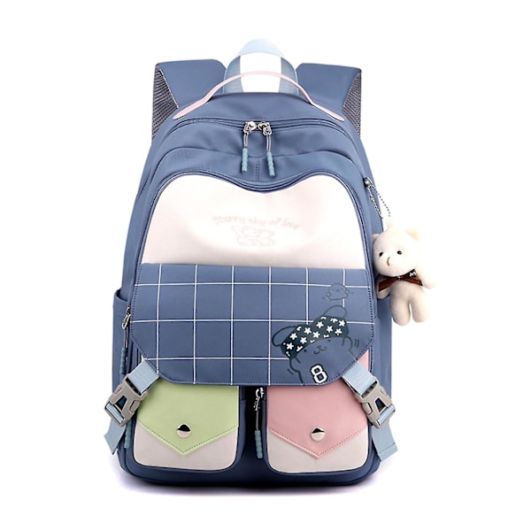 Søt Multi-lomme Nylon Skole Ryggsekk For Student Jenter Gutter Ungdom Boksekk Blue