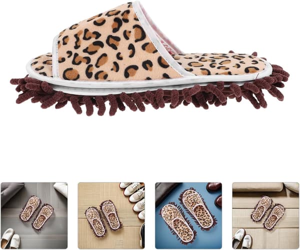 Åben-tå Chenille Moppe Hjemmesko til Voksne, Leopardprint Arbejdsbesparende Gulvrengøringssko
