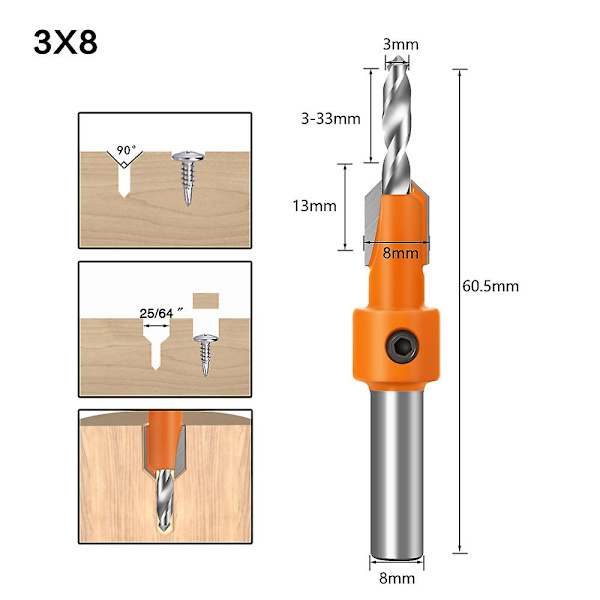 5 stk Træskruer Chamfer Bor Hss Counter Taper Bor