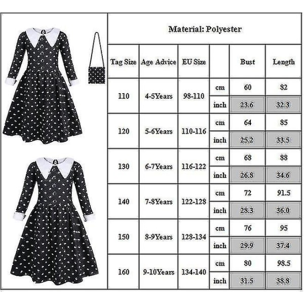 Børnepige Onsdag Addams Kostume + Taske + Paryk Outfitter Fancy Up 4-5 Years Dress Bag and Wigs