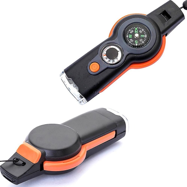 Multifunksjon 7 i 1 utendørs overlevelsesfløyte nøkkelring med kompassforstørrelse (svart oransje) (1 stk)