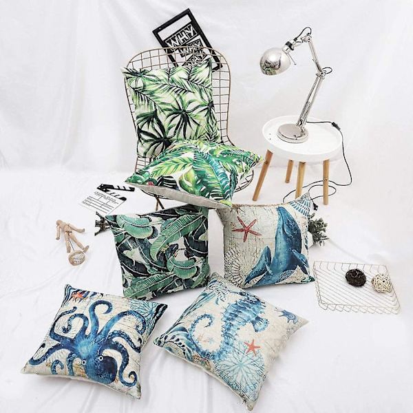 4 st Polyester Linne Kuddfodral med Havsdjurstryck 45x45cm