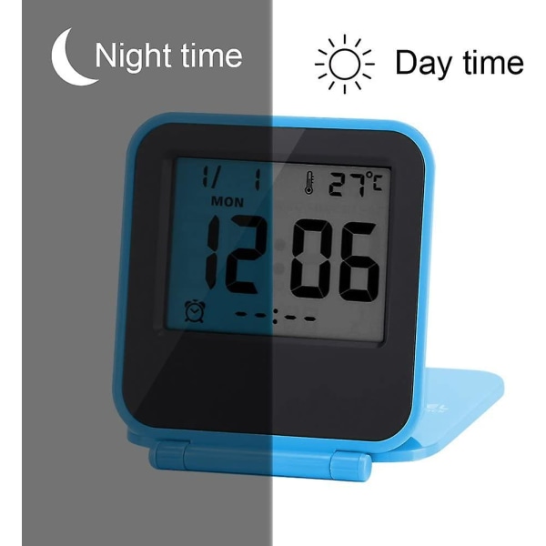 Mini sammenleggbar multifunksjons bærbar LED-klokke, temperatur kalender dato (uten batteri) blue