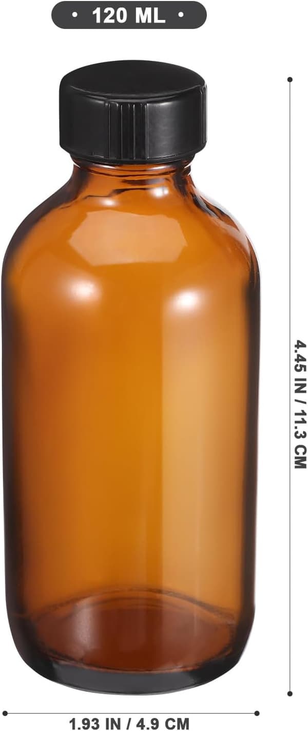 Bärnstensfärgade runda glasflaskor 120 ml med bakelitlock 4 st för eteriska oljor och resedispensrar