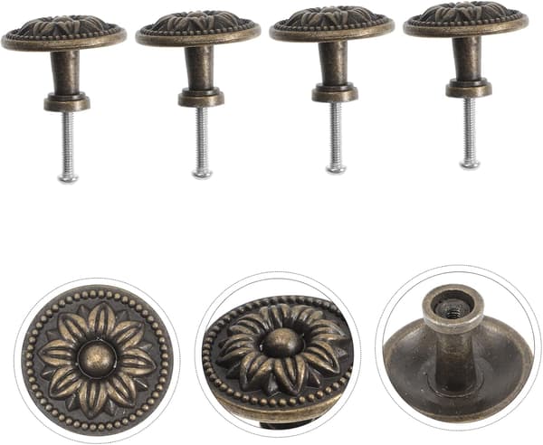 4 stk. bronzehåndtag til kommode, runde knopper til skabslåger, vintage knopper