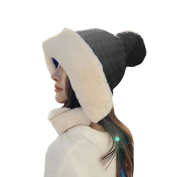 Vinter Beanie Hat til Kvinder Skihue Fleeceforet Øreklapper Dobbelt Laget Pompom Hat Black