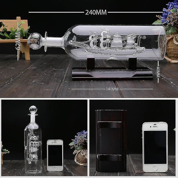 Seilbåt drivende flaske med trebunn 3d dekorativ glasspynt Skip i vinflaske 24*10,2 cm-yuhao White