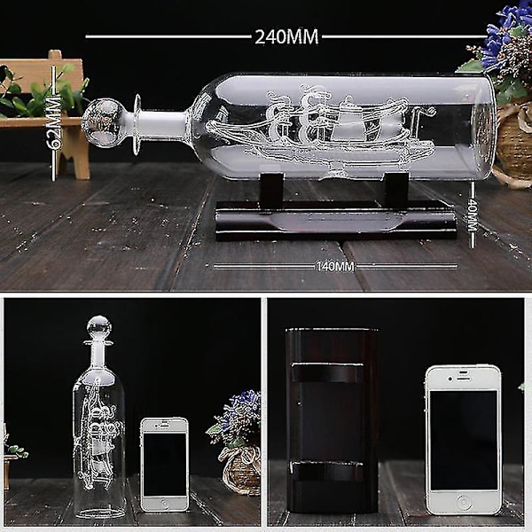 Sejlbåd Drivende Flaske Med Træbase 3D Dekorativ Glas Ornament Skib I Vinflaske 24*10.2cm-yuhao White