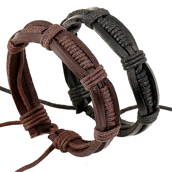Mænds ægte læder flettet manchet armbånd Punk armbånd armbånd.(sort+brun)(2stk)