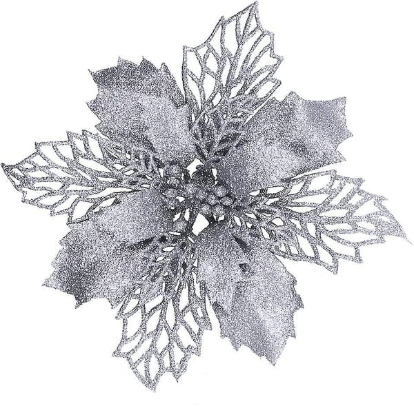 24 stk Sølv Glitrende Mesh Holly Leaf Kunstige Juleblomst Pluk Træpynt 5,9\"