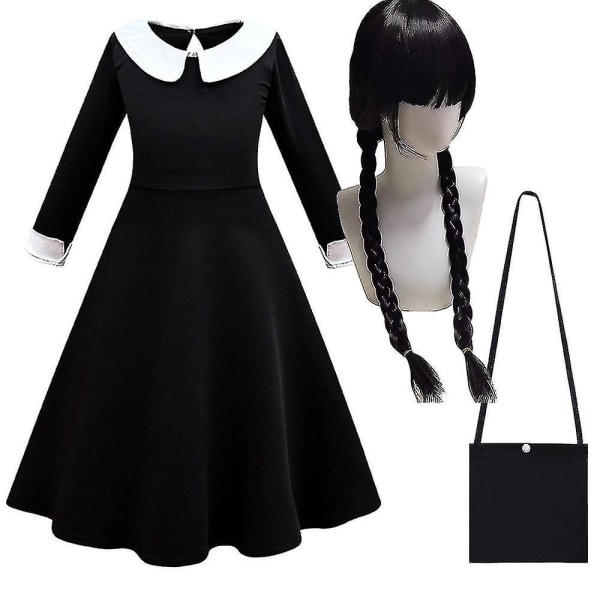 Onsdag Addams Kostyme Jenter Barn Erme + Veske + Parykk Antrekk Sett Fin Opp 4-5 Years Dress Bag and Wigs