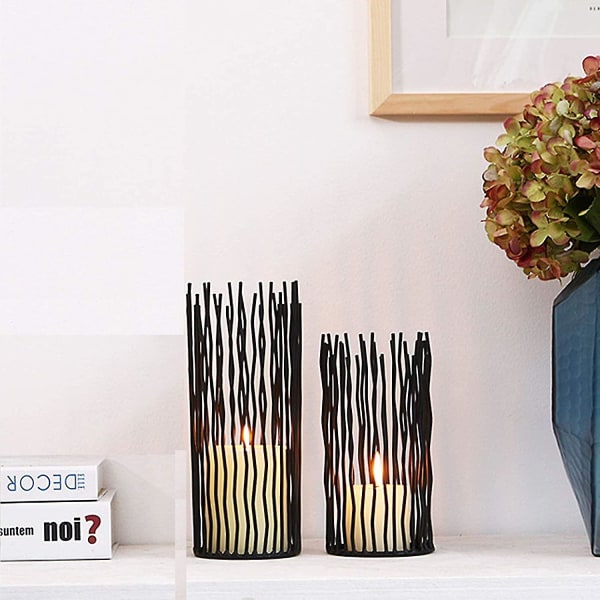 Set med 2 metallpelare ljusstakar, LED-flammlösa elektroniska svarta bordsljusstakar