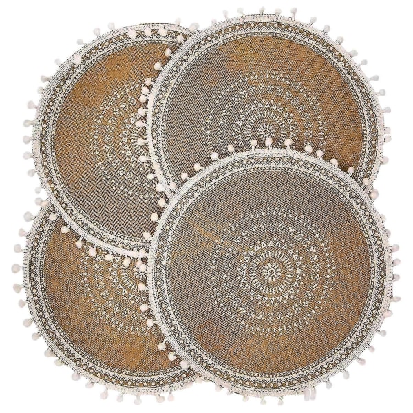 Runde Plassmatter Sett med 4, Boho Vevd Jute Bordmatter (Hvit Ball)