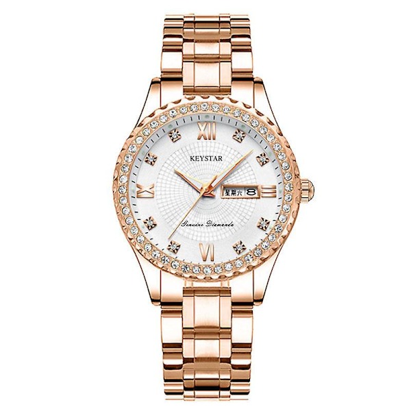 Damestur med Vandafvisende Lysende Diamant Dobbelt Kalender Koreansk Stil Kvindelig Student Ur Kvarts Ip plated diamond white surface
