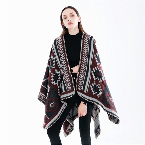 Vintertørklæde Wraps Poncho Kappe - Kvinders Varmt Åbent Foran Trykt Vendbar Overdimensioneret Tæppe Red wine
