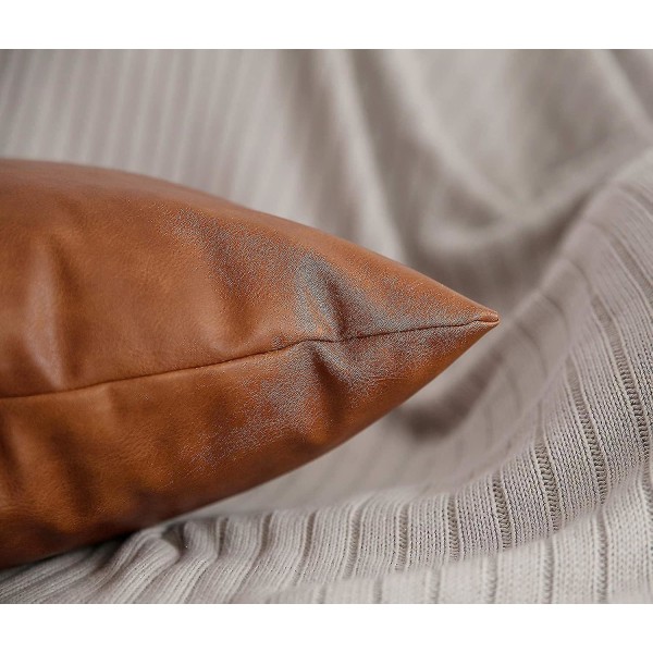 Faux Läder Kuddfodral, 18 X 18 Tum Set Om 2 Tjocka Cognac Bruna Moderna Solida Dekorativa Kvadratiska Sovrum Vardagsrum Kuddfodral För Soffa