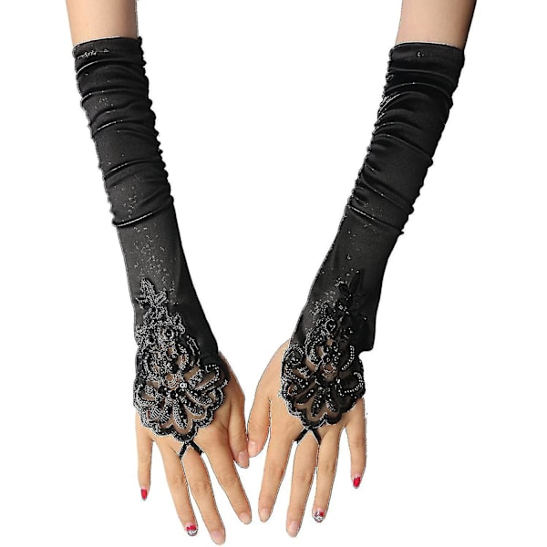 Svarta handskar Långa handskar 1920-tals tillbehör Kostym Fingerlösa handskar för kvinnor 20-tals tillbehör Klassiska satin armbågslånga handskar-yuhao