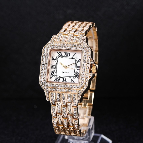 Ur Diamond Steel Strap Watch Clear Dial Roman Quartz Watch Dameur med Diamond dekorativt ur Gold