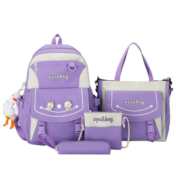 4-pack Cartoon Nylon Skolväska Reseväska Axelväska Pennfodral Purple