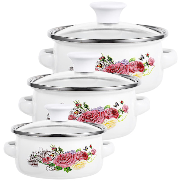 3 stk emaljerte gryter, stablebare, suppegryte, emaljert gryte, restaurant, flat bunn, gryte