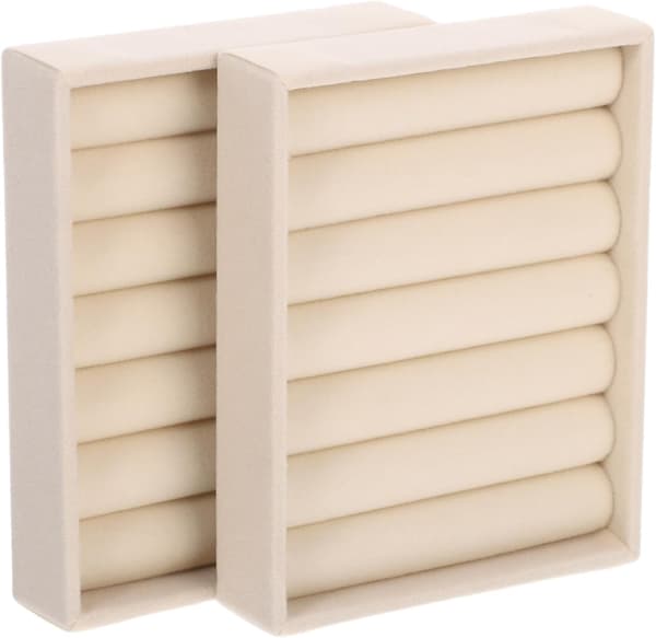 2 stk. ringorganiseringboks med mykt fôr og solid konstruksjon, elegant beige smykkeoppbevaringsbrett
